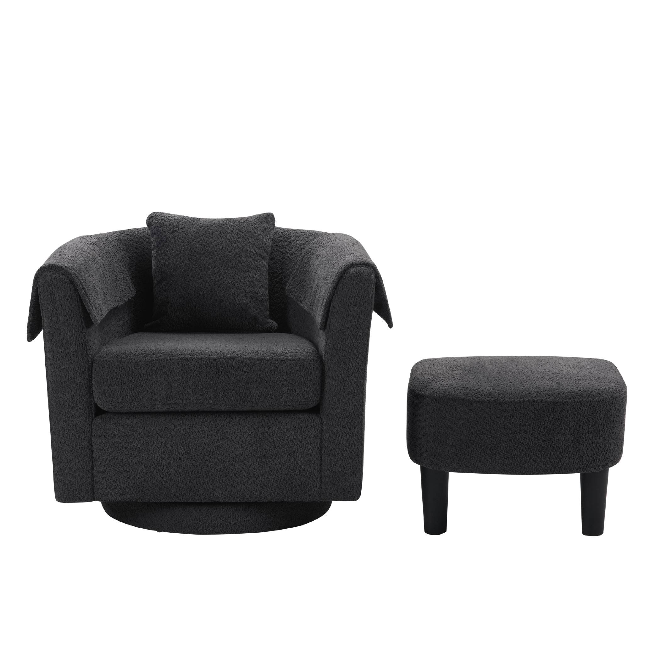 Swivel Accent Chair With Ottoman Set, Modern Chenille Barrel Armchair With Removable Back Pillow & 2 Armrest Covers For Living Room, Bedroom, Office, Black_voghion.com